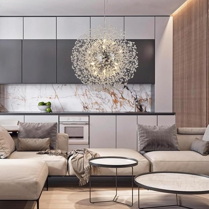 Dandelion Crystal Chandelier with Chrome, Modern Large Sputnik Hanging Lamp, Sunflower Beaded Pendant Light Fixtures High Ceiling for Living Room Bedroom Dining Room (Chrome 16Lights)