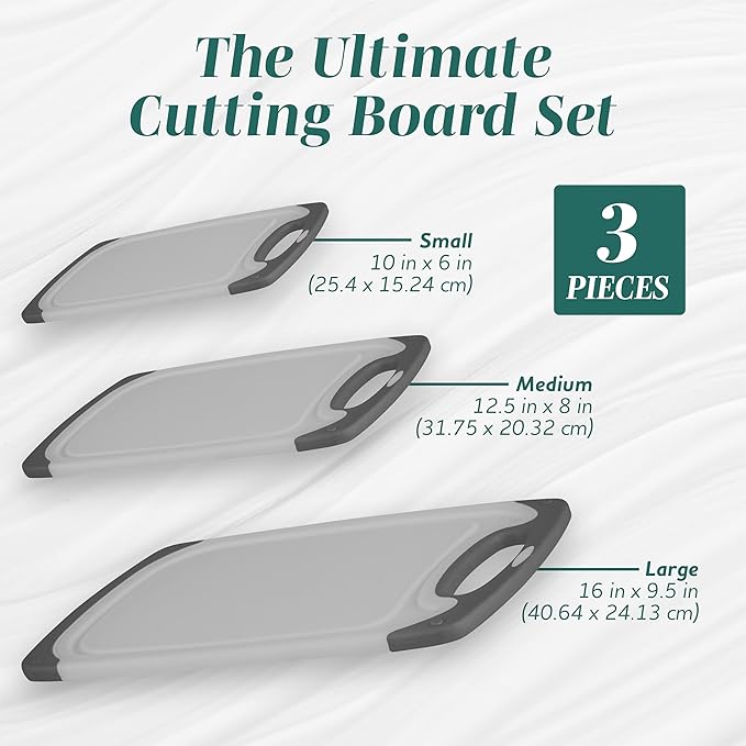 Cutting Boards for Kitchen - BPA-Free Chopping Board - Different Sizes & Non Slip Handles - Reversible, Large Cutting Board Set - Unique Gifts for Cooks Who Have Everything - 3-Pack Gray/Gray
