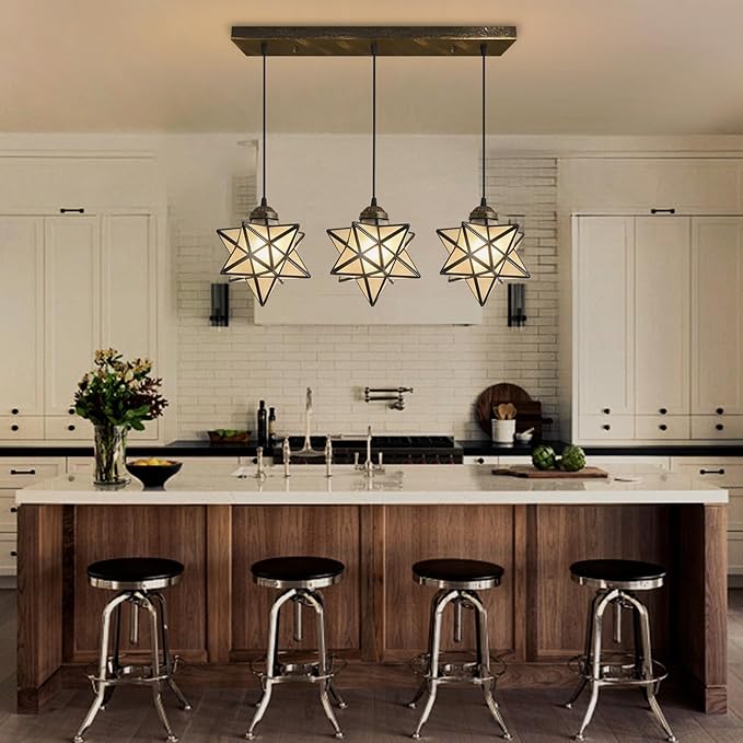 Farmhouse Frosted White Glass Chandelier 3 Lights Star Pendant Lights for Dining Table Kitchen Island Modern Ceiling Hanging Lights Included LED Warm Light Bulbs Oiled Bronze