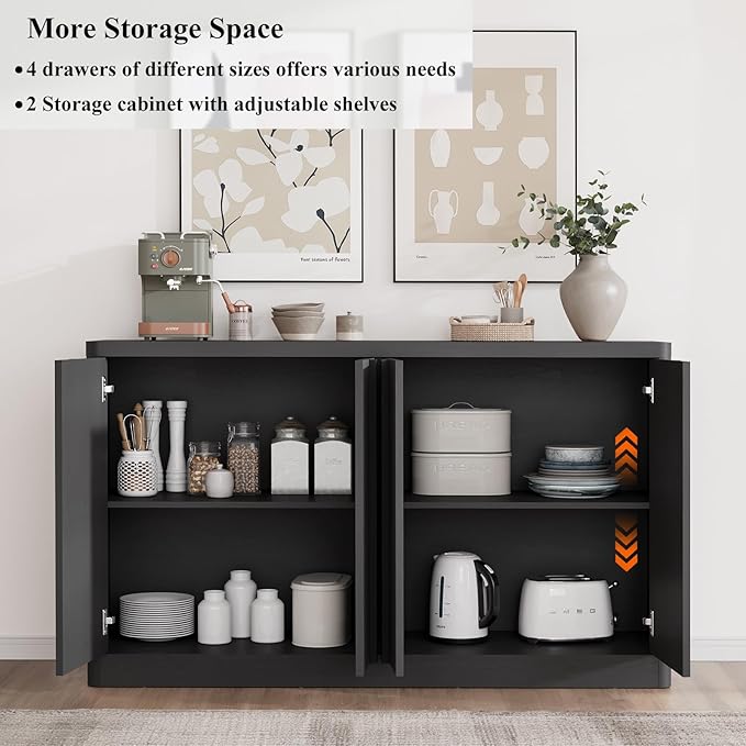 Fluted Buffet Cabinet with Storage, 120" Sideboard Buffet Storage Cabinet with 8 Doors & Adjustable Shelves, Coffee Bar Wood Credenza Cabinet for Kitchen, Dining Room, Living Room, Black(2PCS)