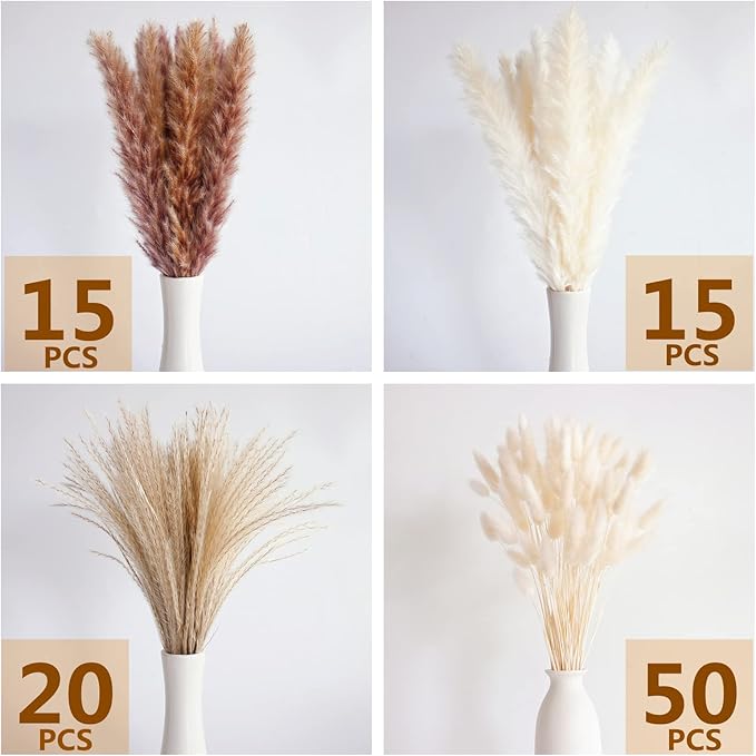 100 PCS Dried Flowers Pampas Grass Bouquet, Boho Table Decor, Bunny Tails Dried Flowers, Brown Pompas, White Pampas Grass for Wedding, Home, Rustic Party, Baby Shower Decorations