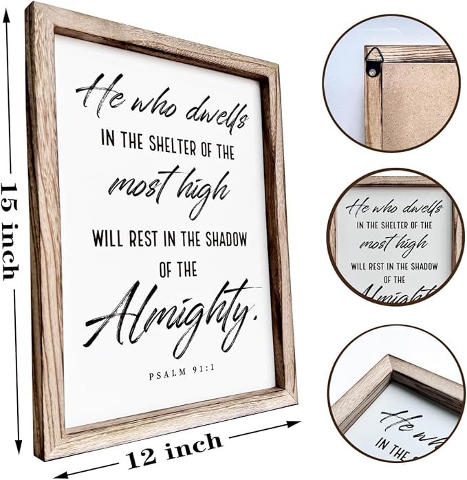Christian Wooden Wall Sign, Inspirational Home Decor for Living Room, Wall Decor Art, Framed Wood Plaque Sign 15 * 11.5 inches, He Who Dwells in the Shelter of the Most High