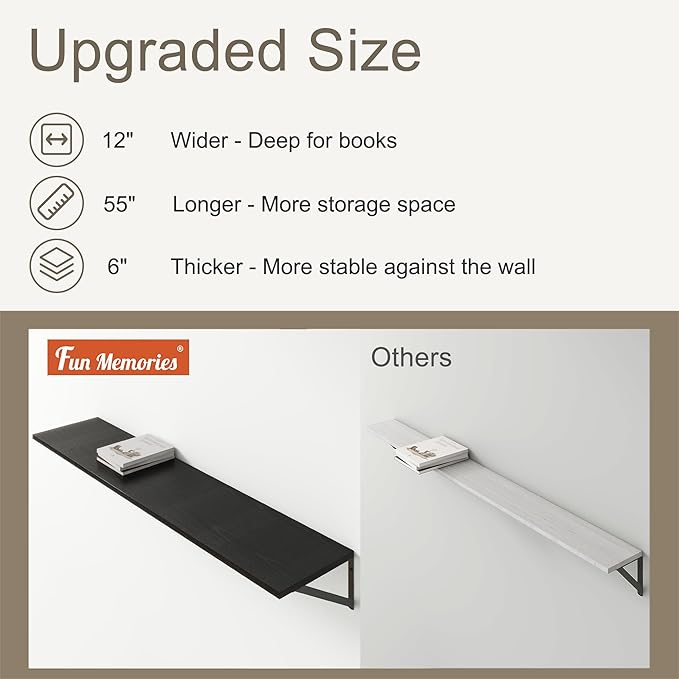 Fun Memories Deep Floating Shelves, 55W x 12D Floating Shelves for Wall, Wood Black Floating Shelf with Bracket, Wide Display & Storage Wall Shelves for Living Room, Bedroom,