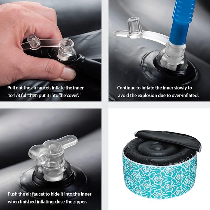 FUNHOME Inflatable Outdoor Ottoman with Air Pump,20"x9" Portable Patio Pouf,Water Resistant,Fade-Resistant,Round Blow Up Footrest Stools for Home Garden Camping Travel(Romantic Blue)