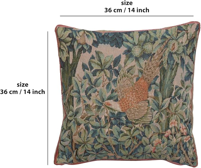 Charlotte Home Furnishings Decorative Tapestry Pillow Cover 14x14 in, Green Pheasant Couch Throw Pillow Cover, French Country Square Cushion Cases for Bed Room Home Decor, Soft Cotton Jacquard Woven