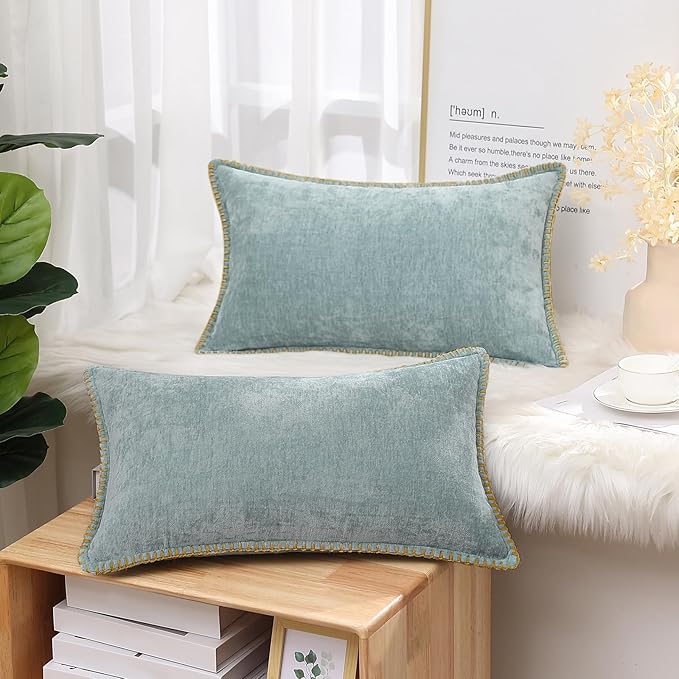 decorUhome Chenille Soft Throw Pillow Covers 12x20 Set of 2, Lumbar Velvet Farmhouse Neutral Decorative Euro Pillow Covers with Stitched Edge for Couch Sofa Bed Home Decor, Aqua Haze