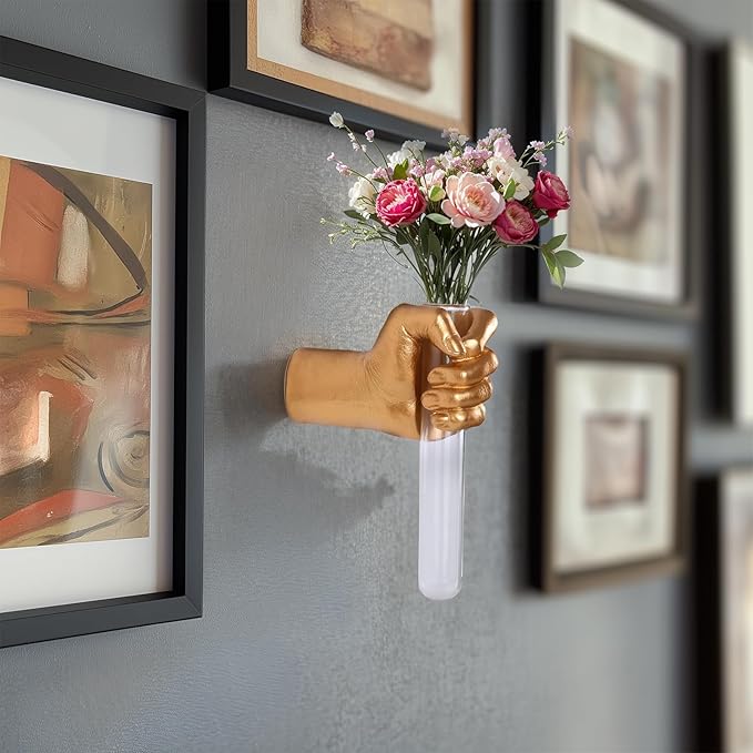 Gold Wall Sculptures, Hand Vases Home Decor, Wall Mount Art Sculpture, Unique Wall Art Statue, Funky Flower Vase Decorations, Modern Eclectic Hanging Decor,Glass Test Tube Vase
