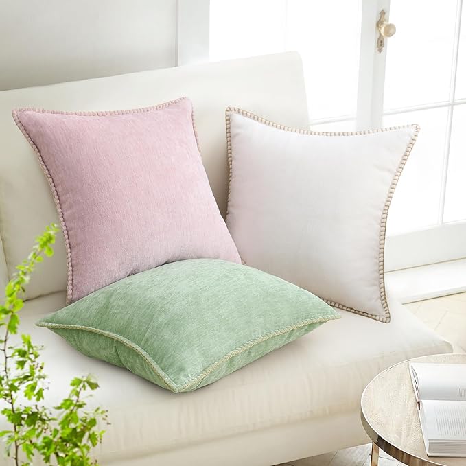 decorUhome Chenille Soft Throw Pillow Covers 24x24 Set of 2, Farmhouse Velvet Neutral Decorative Euro Pillow Covers with Stitched Edge for Couch Sofa Bed Home Decor, Sage Green