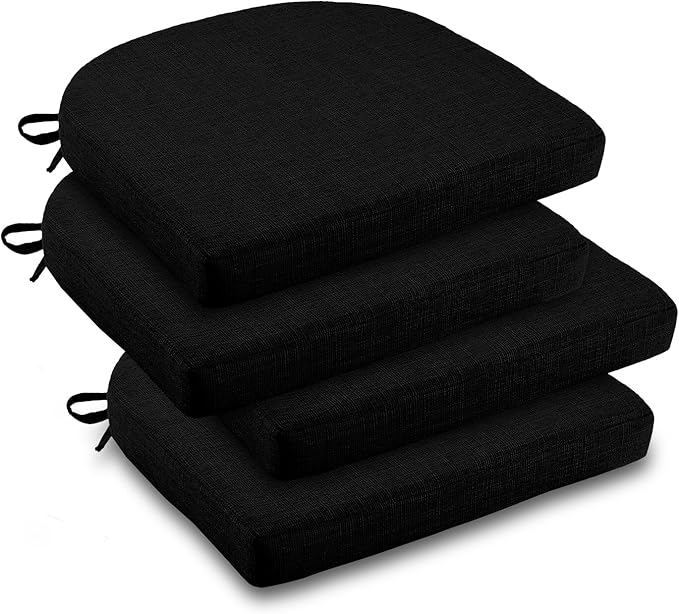 downluxe Indoor Chair Cushions for Dining Chairs, Soft and Comfortable Textured Foam Kitchen Chair Pads with Ties and Non-Slip Backing, 16" x 16" x 2", Black, 4 Pack
