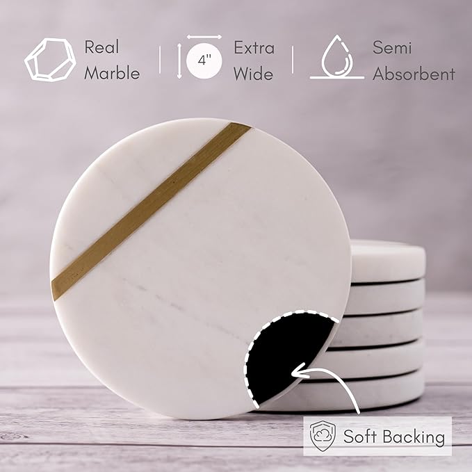 Cork & Mill Marble Coasters Set of 6 - Luxury Aesthetic Modern Decor for Coffee Table- White Marble with Gold Brass Inlay - Real Natural Semi Absorbent Stone Coasters