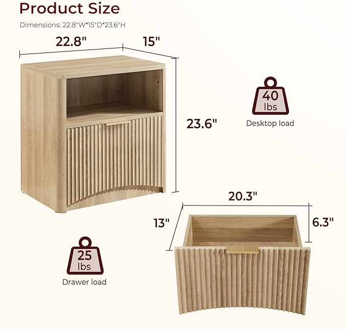 Fluted Nightstand Set of 2, Natural Oak Bedside Table with Drawer and Storage, Wood End Table Mid Century Modern, Large Night Stand for Bedroom