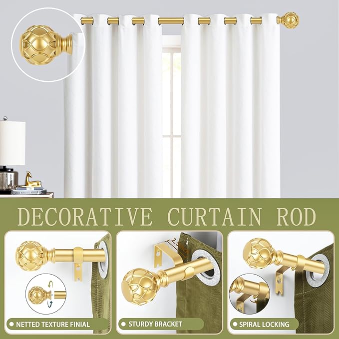 Gold Adjustable Curtain Rods for Windows:36-88 Inch Farmhouse Heavy Duty Curtain Rod for Bedroom Living Room,Boho Decorative Rustic Drapery Rods with Vintage Coastal Texture Finial,Brass Gold