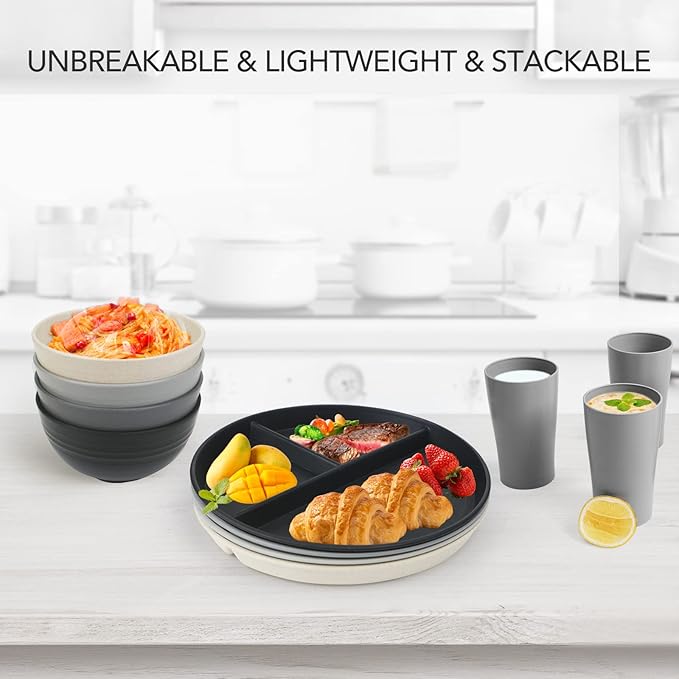 greenandlife 10 Inch 4PCS Unbreakable Portion Control Plates, Divided Plates for Kids Adults, Dishwasher & Microwave Safe Compartment Plate, Lightweight Reusable Wheat Straw plate, BPA Free