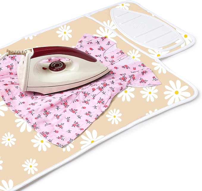 Encasa Homes Ironing Mat/Pad (Small 28"x20") with 3mm Padding & Silicone Iron Rest for Steam Pressing on Tabletop or Bed - Heat Resistant, Portable, Quilting & Travel Blanket - Daisy Beige