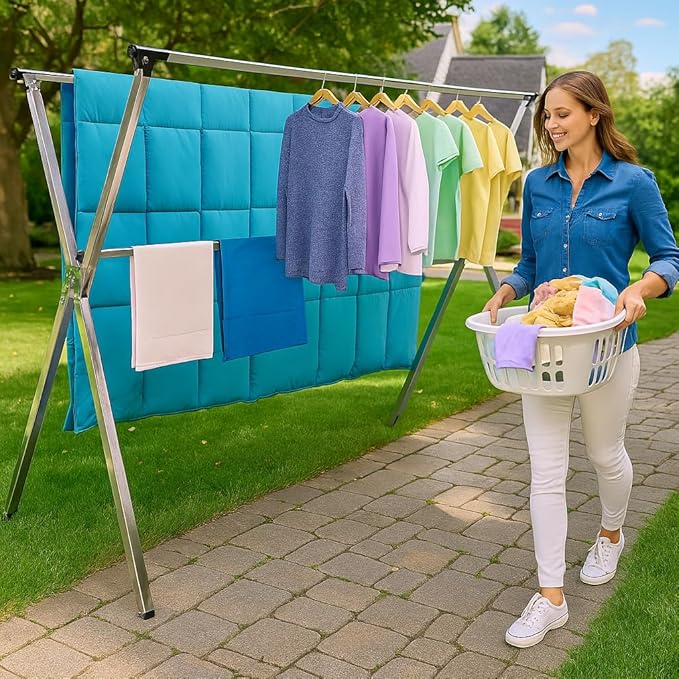 Clothes Drying Rack Folding Indoor Outdoor, Foldable Portable Laundry Drying Rack, Heavy Duty Laundry Hanger Dryer Rack with 20 Hooks (63.55'')