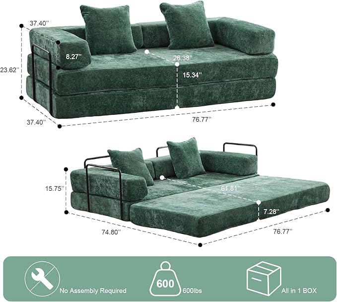 Convertible Sleeper Sofa Bed, Compression Folding Sofa with Pillow, No Assembly Required, Shape Frame, Floor Sofas Lounge Couch for Living Room, Bedroom, Small Spaces(Chenille, 77''W, Dark Green)