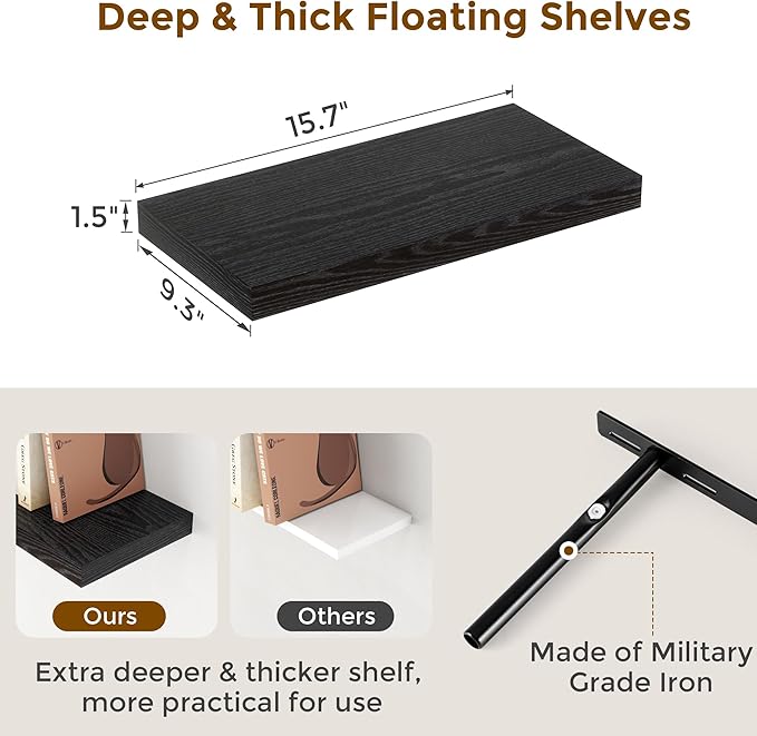 Fun Memories Black Floating Shelves 16 Inch Long, 9 Inch Deep Wall Shelf for Bathroom, 16 x 9 Floating Shelf for Living Room, Bedroom, Kitchen, Rustic Wood Shelves for Wall, Set of 2