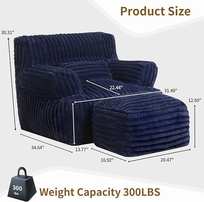 Comfy Gaint Bean Bag Chair with Ottoman, Fluffy Huge Bean Bag Armchair for Adults and Teens, Dark Blue