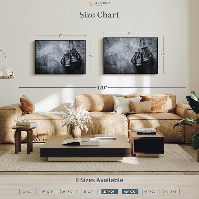 ElephantStock Boxing Gloves Wall Art - Horizontal Framed Canvas - 1-Piece Living Room Wall Decor - Photography Sports Canvas Print - Black and Gray Decor for Wall - 40" X 27"