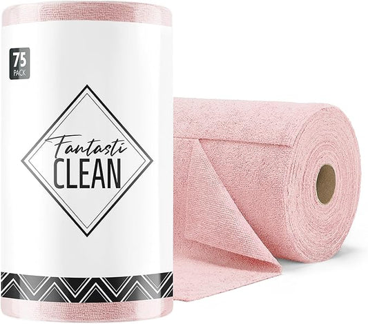 Fantasticlean Microfiber Cleaning Cloth Roll -75 Pack, Tear Away Microfiber Towels, 12" x 12", Reusable, Washable, Scratch Free, Ultra Absorbent Dish Rags for Car, Home, Garage or Shop (Pink)