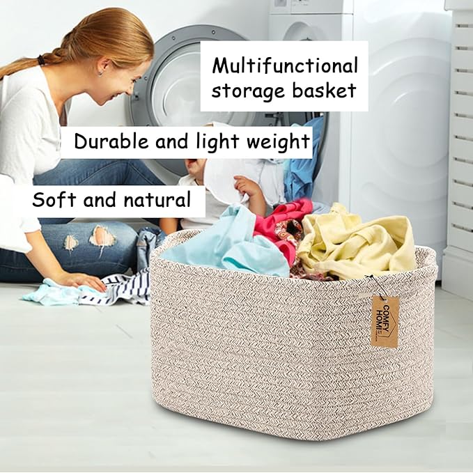 COMFY-HOMI Storage Basket for Shelves, Woven Baskets for Storage, Cotton Rope Basket for Toys,Towel Baskets, Toy Storage Organizer, Storage Cube Bin, Organization and Storage-All Brown