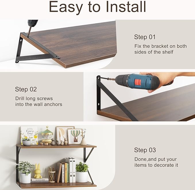 Floating Shelves 48 Inch Long, 10" Deep Floating Shelves, Walnut Wall Shelves 48 x 10, Set of 2, Wide Large Display Storage Shelves for Bathroom, Living Room, Rustic Wood Shelves with Brackets