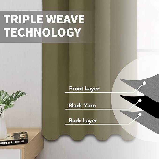 Easy-Going Blackout Curtains for Bedroom, Solid Thermal Insulated Grommet and Noise Reduction Window Drapes, Room Darkening Curtains for Living Room, 2 Panels (52x96 in,Khaki)