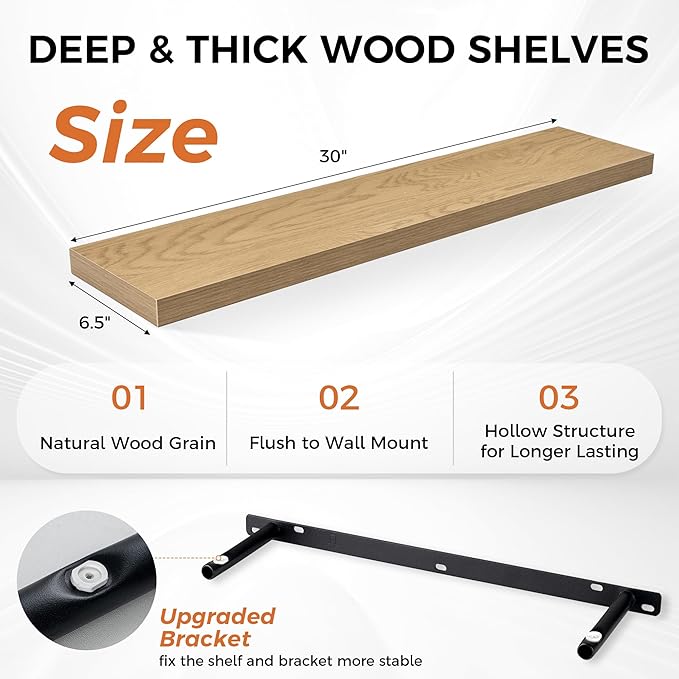 Fun Memories 30" Rustic Wood Deep Floating Shelves for Wall, Invisible Brackets for Decor & Storage, Living Room, Bathroom (Oak, Set of 2)