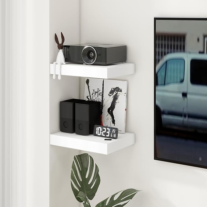 Deep Floating Shelves for Wall | 12 Inch Deep White Floating Shelves Set of 2 | 16W x 12D Rustic Wood Wide Wall Shelves | Bookshelf Laundry Shelf TV Shelf