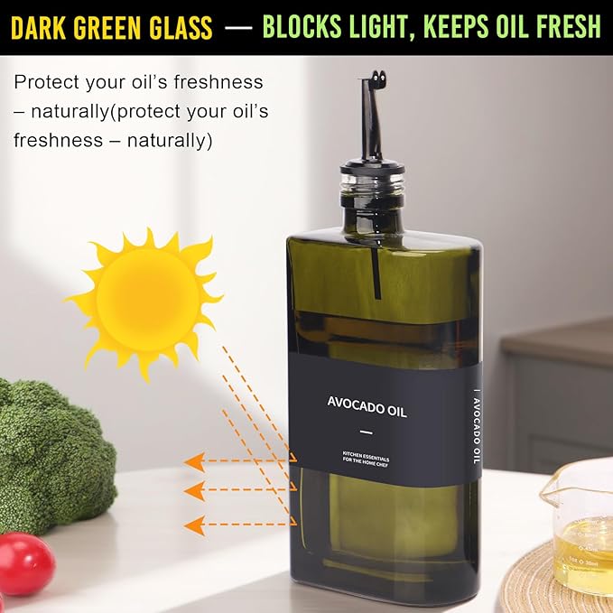 Glass Multi-Purpose Kitchen Dispenser Set | Universal for Olive Oil, Vinegar, Soy Sauce, and Syrup with Stainless Steel Pourers,2-Pack Dark Green,Avoid Sunlight