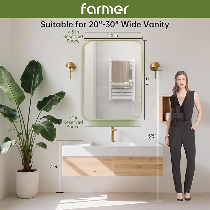 FARMER 20x30 Inch Gold Bathroom Mirror, Rectangle Vanity Mirror, Brushed Mirrors for Wall, Metal Frame Hanging Mirror with Round Corner for Bedrooms, Entryways, Living Rooms, Horizontal/Vertical