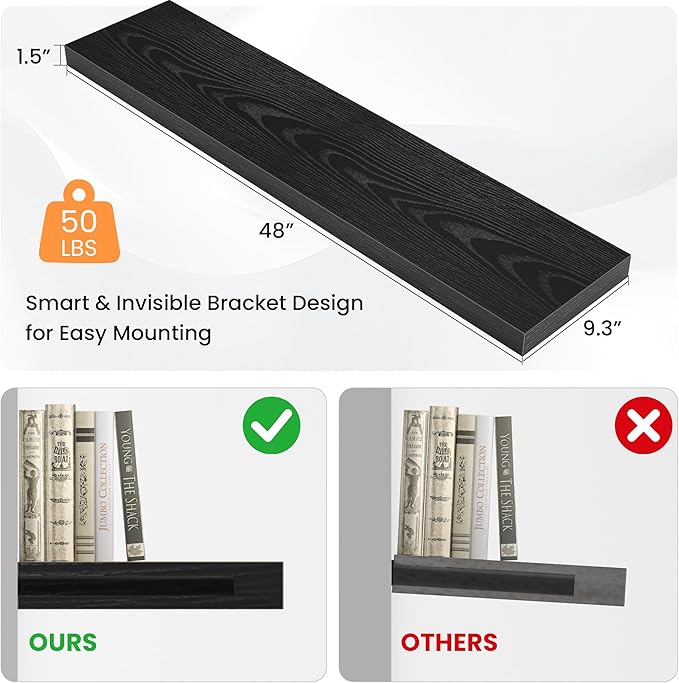 Floating Shelves for Wall, 48" W x 9.3" D x 1.5" H, Wooden Wall Mounted Display Shelves with Invisible Brackets for Living Room, Bedroom, Bathroom, Kitchen Decor and Storage, Set of 1, Black