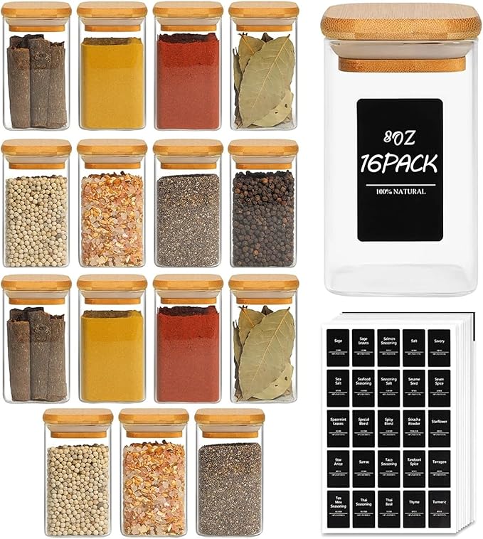ComSaf Spice Jars with Labels 8 oz 16Pack, Small Spice Containers Starter Set, Glass Seasoning Jars with Lids, Square Seasoning Containers for Salt, Pepper, Chili Powder, Sugar, Loose Tea Storage