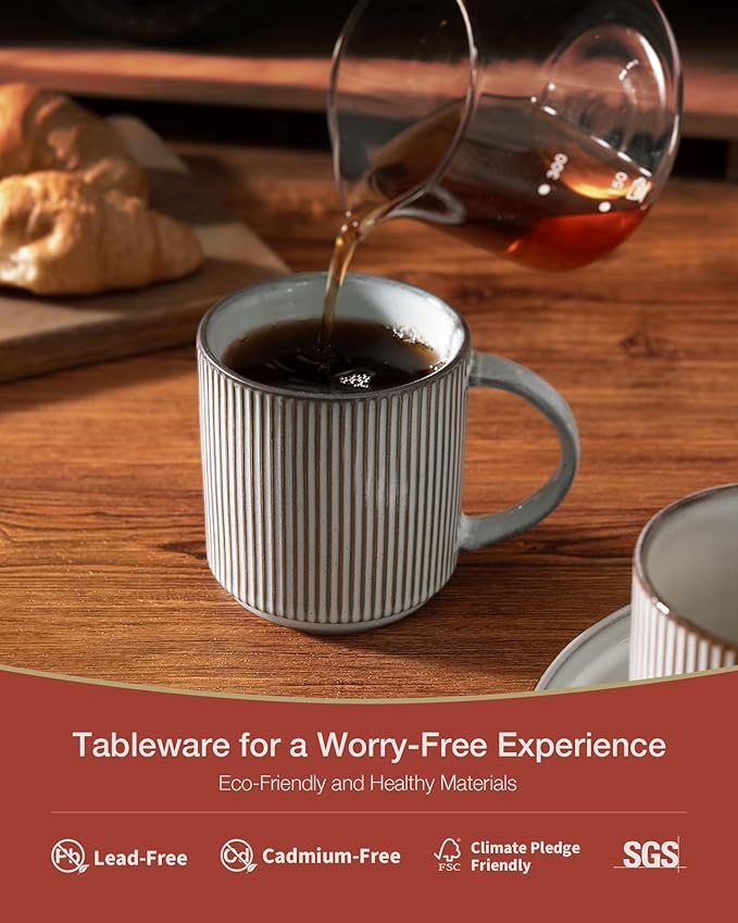 famiware Coffee Mug Set for 4, Star 12 oz Catering Mugs Cup Set with Handle for Coffee, Tea, Cocoa, Milk - Ceramic Stoneware Drinkware Set, Smoky Blue