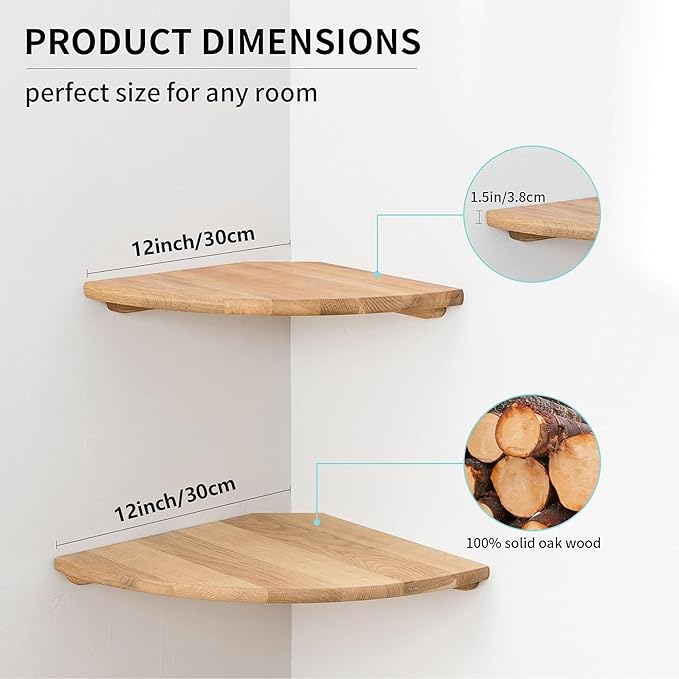 Corner Shelves, Floating Corner Shelf, Set of 2 12inch Solid Oak Wood Wall Shelves, Round End Wall Mount Display Shelf with Wire Hole for Bedroom Kitchen, Living Room