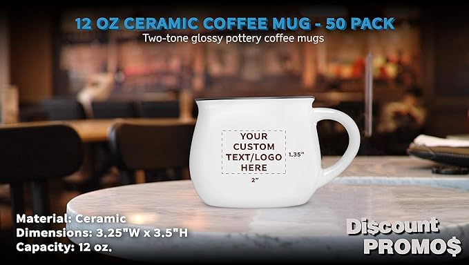 Custom Glazed Campfire Coffee Mugs 12 oz. Set of 50, Personalized Bulk Pack - Perfect for Coffee, Tea, Espresso, Hot Cocoa, Other Beverages - White