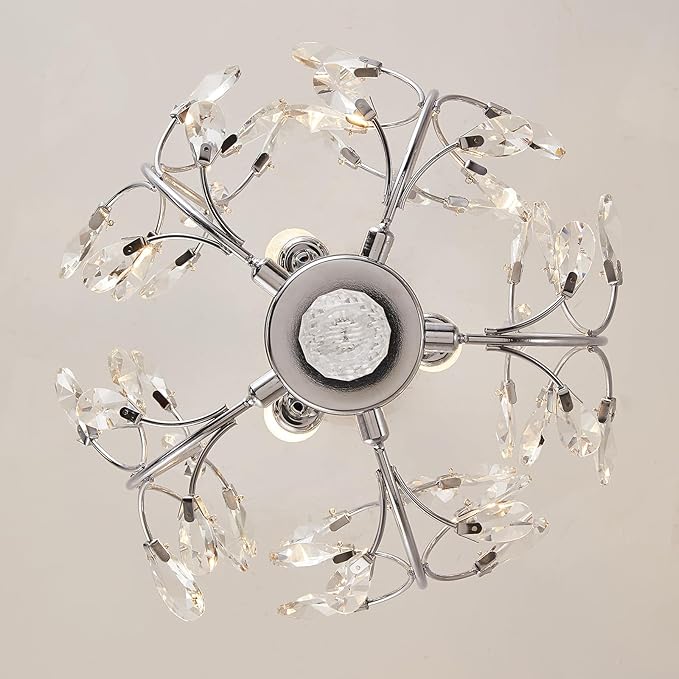 Ganeed 3-Light Branch Crystal Chandelier, Small Flush Mount Vintage Pendant Hanging Lighting, K9 Crystal Farmhouse Ceiling Light for Dining Room Bedroom Living Room Kitchen Hallway, Chrome Silvery