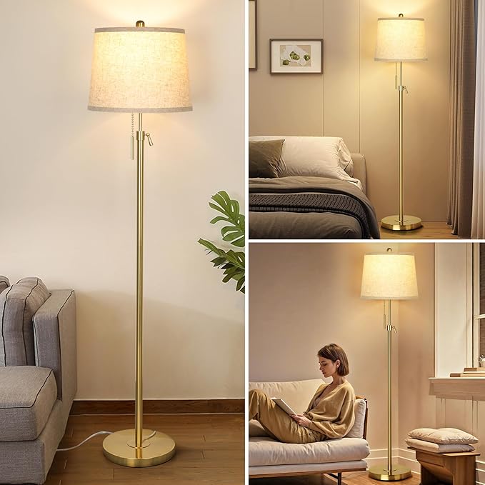 Gold Floor Lamp for Living Room 55-65" Adjustable Modern Brass Standing Lamp with Pull Chain Tall Pole Light with Beige Shade for Bedroom Reading Office Corner Nursery 9W LED Bulb Included 3 ColorTemp