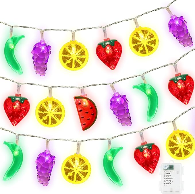 Couah [ 8 Modes & Timer ] 30 LED 16 Ft Summer Tropical String Lights Strawberry Grape Watermelon Lemon Banana Fairy Lights Battery Operated for Tropical Party Pool Beach Summer Decorations