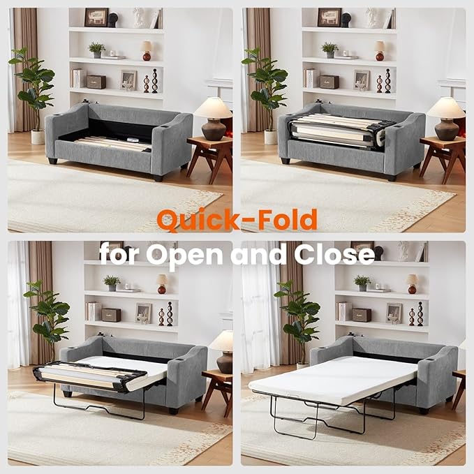 CHIC HOUSE Pull Out Sofa Bed, Full Size Sleeper Sofa, 2-in-1 Convertible Corduroy Couch with USB Charging, Memory Form Couch for Living Room, Apartment and Small Space (Grey, Corduroy - Full Size)