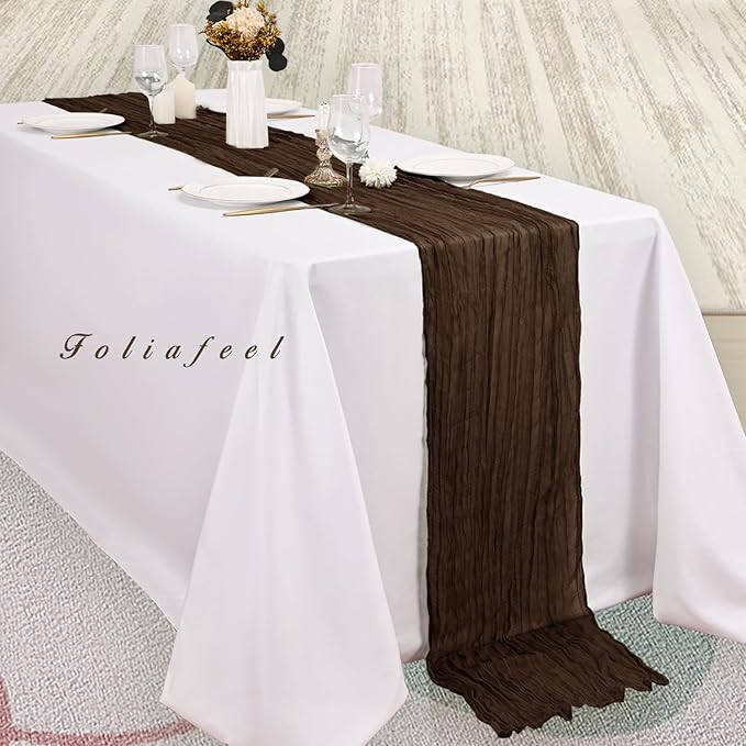 10FT 12 Pack Brown Cheesecloth Table Runner 20 x 120 Inch Long Boho Fabric Rustic Cheese Cloth Table Runner for Wedding Bridal Shower Baby Shower Gauze Sheer Birthday Party Table Decorations
