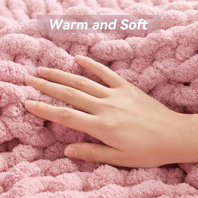 Chunky Knit Throw Blanket, 30''*40'' Knitted Throw Chenille Yarn for Bed Couch, Handmade Light Pink Crochet Big Thick Blanket, Machine Washable Cute Comfy Blanket for Home Decor