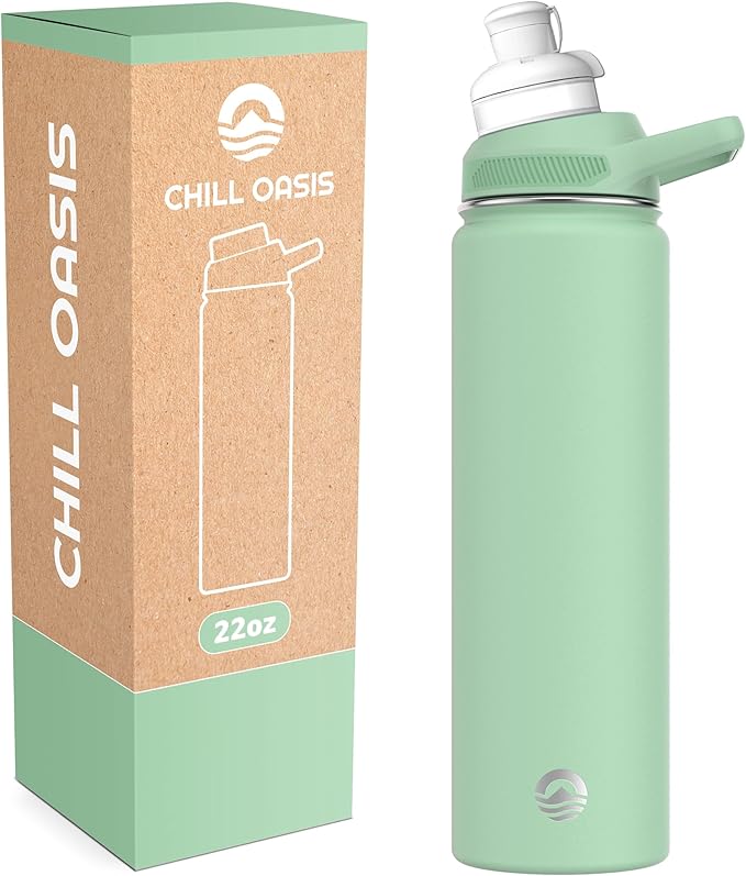 Chill Oasis Water Bottle | Compatible With Popular Flavor Cartridges | BPA Free, Leak Proof, Double-Walled Vacuum Insulated Stainless Steel, and Dishwasher Safe | Cold for 24 Hours (Sage, 22oz)