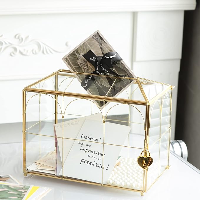 Glass Card Box with Slot, 10.2 inch Large Gold Clear Card Box for Wedding Receptions, Decorative Storage Box with Lock for Baby Shower, Birthday Party, Bridal Shower