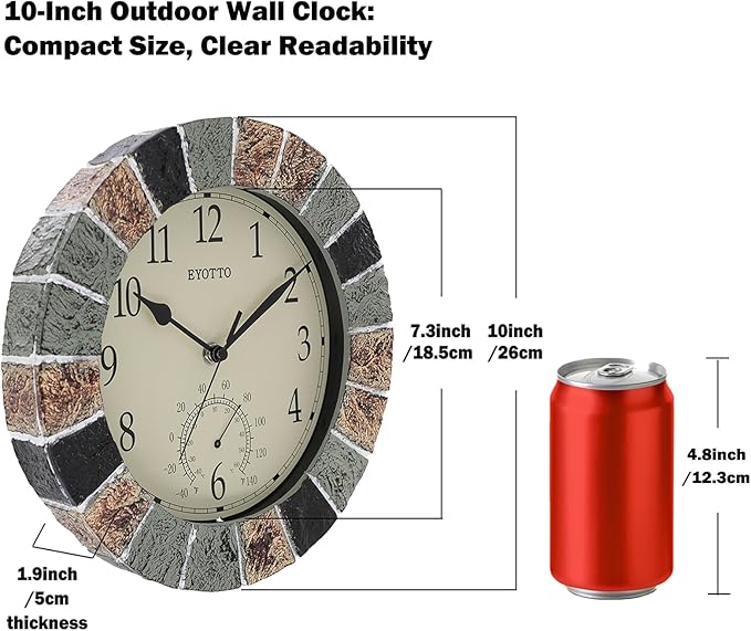 eYotto 10 Inch Small Indoor/Outdoor Waterproof Wall Clock with Thermometer Silent Non-Ticking Battery Operated Wall Clocks Weatherproof for Patio, Pool, Garden, Lanai, Fence, Porch, Deck, Bathroom