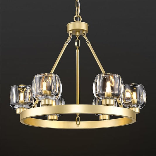 Gold Wagon Wheel Chandelier, 24 Inch Brass Chandeliers with Unique Glass Shade, 6-Light Crystal Farmhouse Wagon Wheel Chandeliers for Dining Room, Round Chandelier for Living Room, Foyer, Entryway