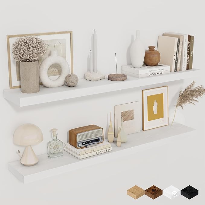 Floating Shelves for Wall, 40 Inch Floating Shelves for Home Decor, Wall Mounted Rustic Wood Shelves, Bathroom, Hanging Deep Shelf for Bedroom, Living Room, Kitchen (White, Set of 2)