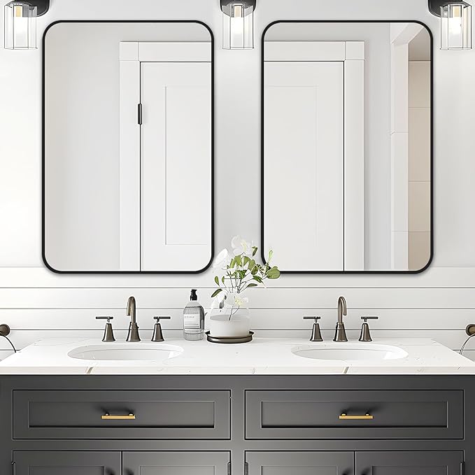 Fabuday Big Black Bathroom Mirror for Over Sink Wall - 26x38 Rounded Rectangle Mirror with Matte Metal Frame, Large Rectangular Vanity Mirrors for Bedroom, Entryway, Horizontally/Vertically