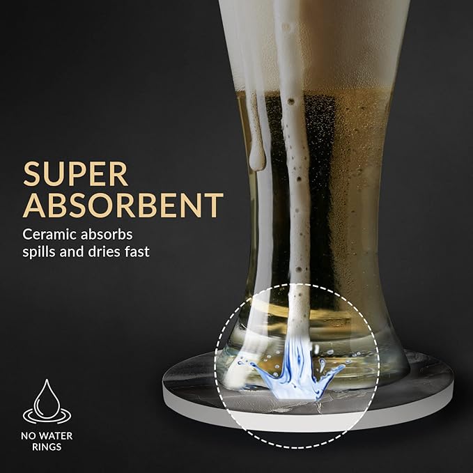 Emerson Coasters for Drinks Absorbent – Natural Stone Drink Coasters Set with Holder, Coasters for Coffee Table, Wooden Tabletop Protection Marble Style – 100% Heavy Duty Set of 6 (Royal)