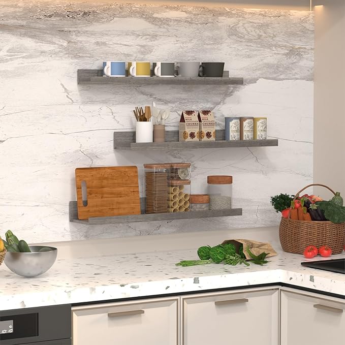 Giftgarden 24 Inch Grey Floating Shelves for Wall Mount, Gray Wood Wall Shelf Ledge for Bathroom Bedroom Living Room Kitchen Storage, Set of 3 Different Sizes